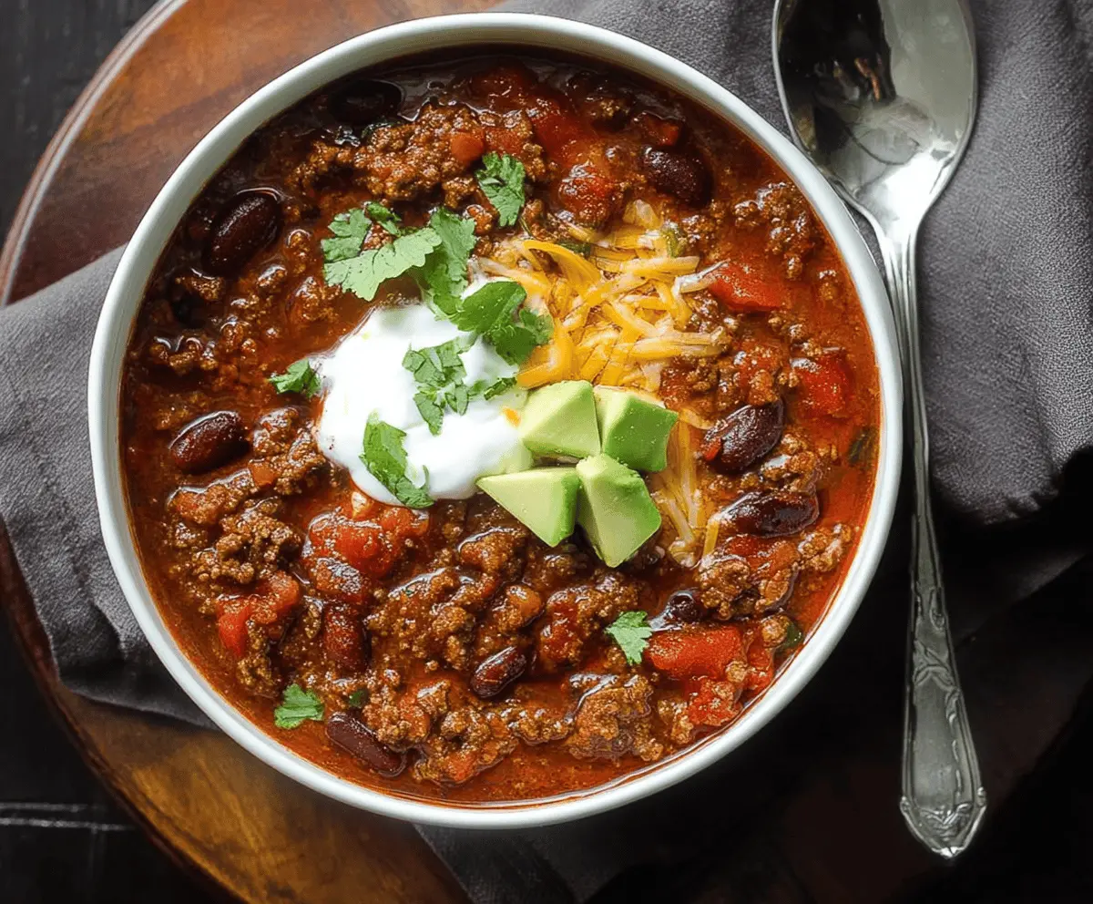 A hearty bowl of homemade venison chili topped with shredded cheese and chopped cilantro, served with cornbread on the side.
