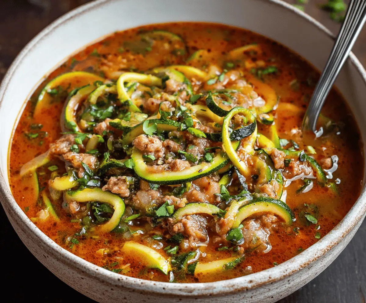 A bowl of Zucchini Lasagna Soup garnished with fresh basil and melted cheese, showcasing layers of zucchini noodles, tomato broth, and melted cheese in a comforting, healthy soup.