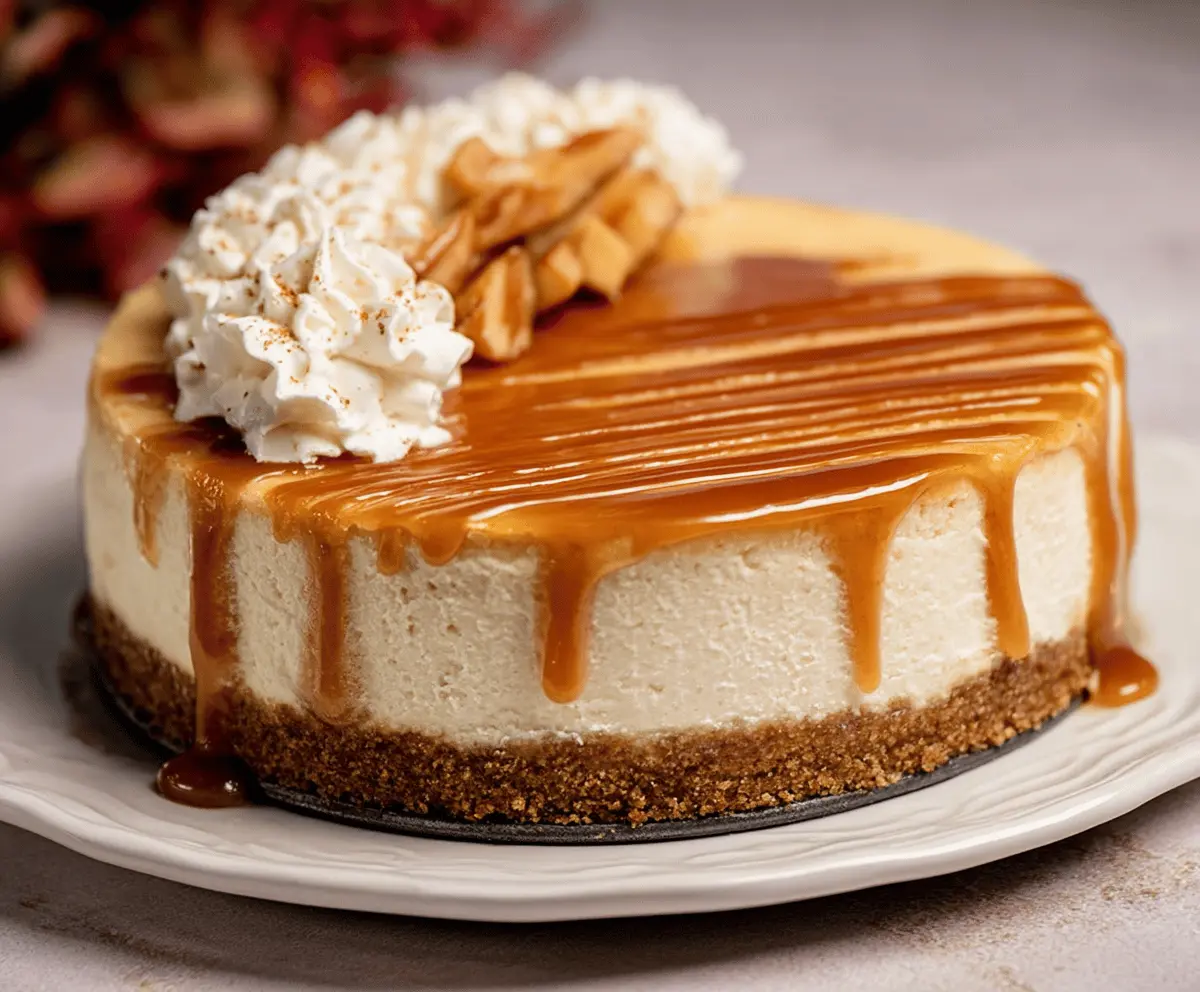Delicious apple cider cheesecake topped with caramelized apples and whipped cream.