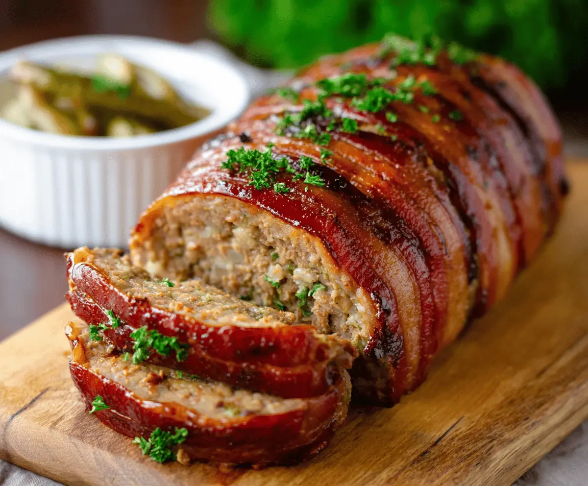 Juicy bacon-wrapped meatloaf fresh out of the oven, garnished with herbs and served on a plate