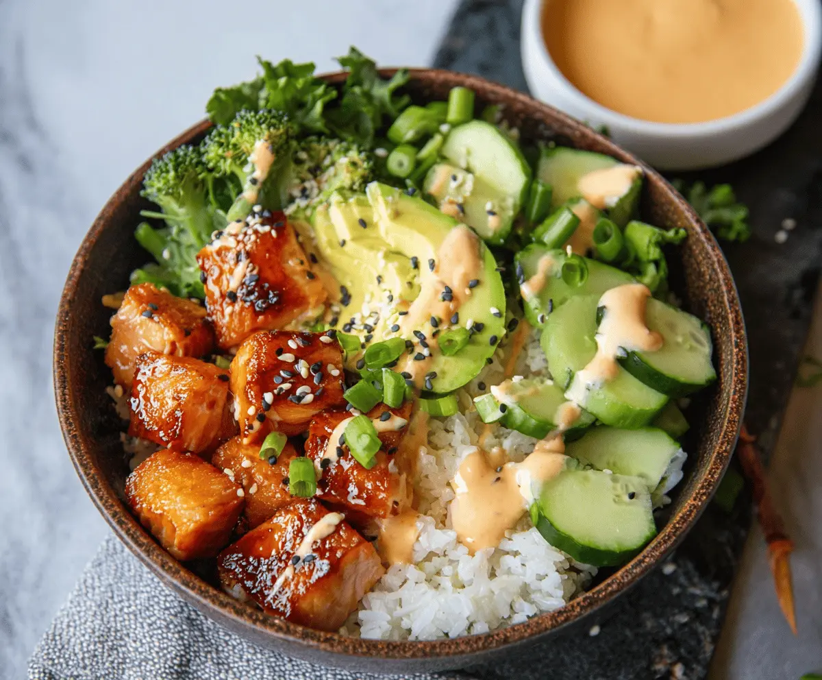 Delicious Bang Bang Salmon Bite Bowls featuring crispy salmon bites topped with spicy mayo and fresh vegetables in a bowl.