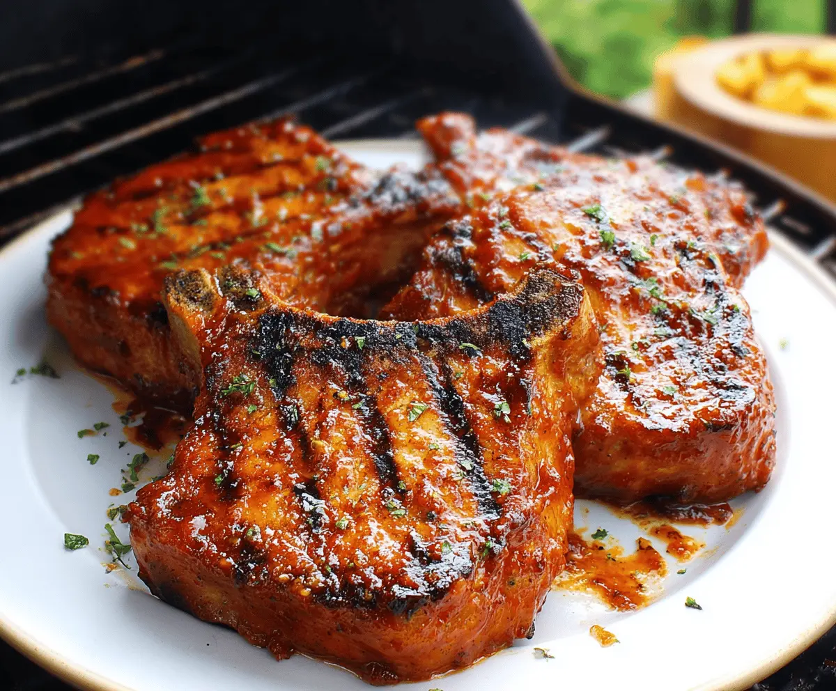 Juicy grilled BBQ pork chops topped with smoky barbecue sauce on a plate, served with fresh vegetables and garnished with herbs.