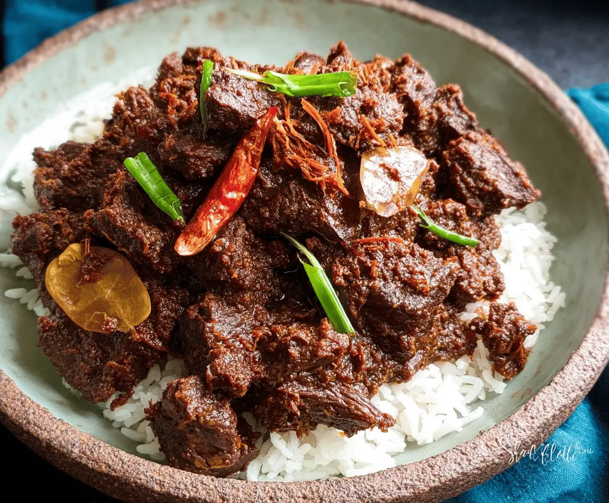 Delicious Beef Rendang served in a bowl with rich, flavorful coconut curry sauce and aromatic spices, garnished with fresh herbs.