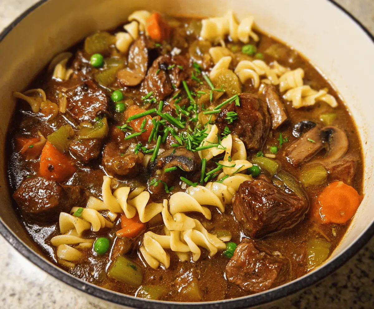 Hearty beef stew with tender meat, vegetables, and noodles served in a rustic bowl, perfect for a comforting meal.