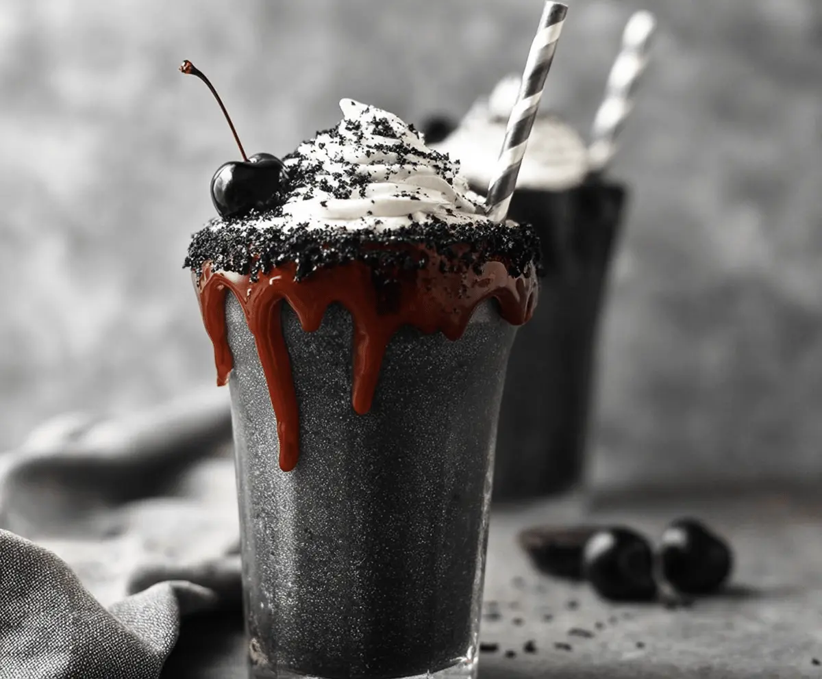 Creamy black milkshake topped with whipped cream and chocolate syrup in a tall glass, perfect for a sweet treat