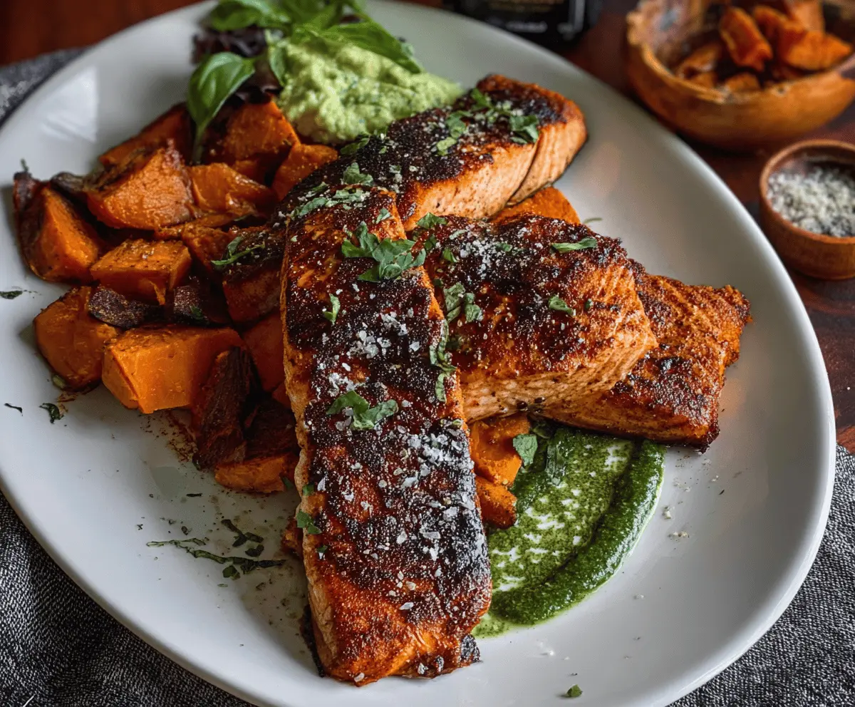 Delicious blackened salmon fillet served with roasted sweet potatoes, garnished with fresh herbs for a flavorful and healthy meal.