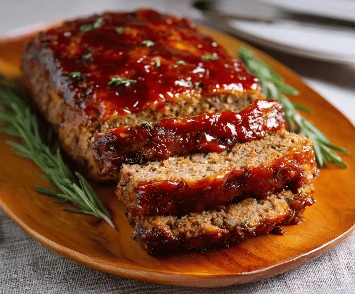 Delicious meatloaf glazed with brown sugar and ketchup, served on a plate with fresh herbs, perfect for a savory homemade dinner