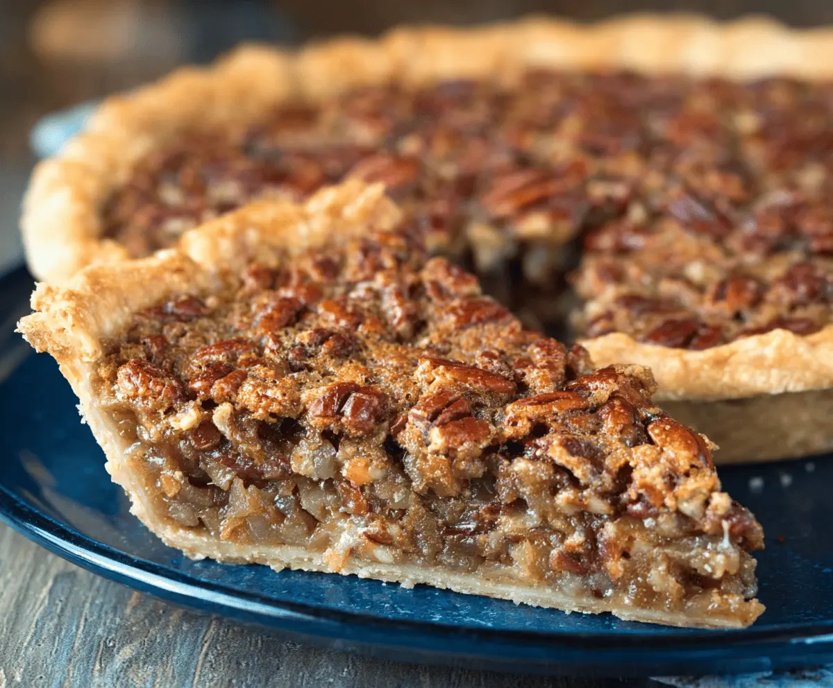 Delicious homemade brown sugar pecan pie topped with glossy caramelized pecans, perfect for dessert or holiday gatherings.