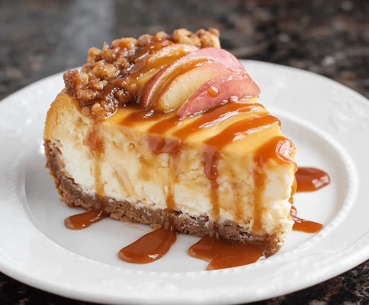 Creamy caramel apple cheesecake topped with caramel drizzle and sliced fresh apples on a decorative plate, perfect for fall desserts.