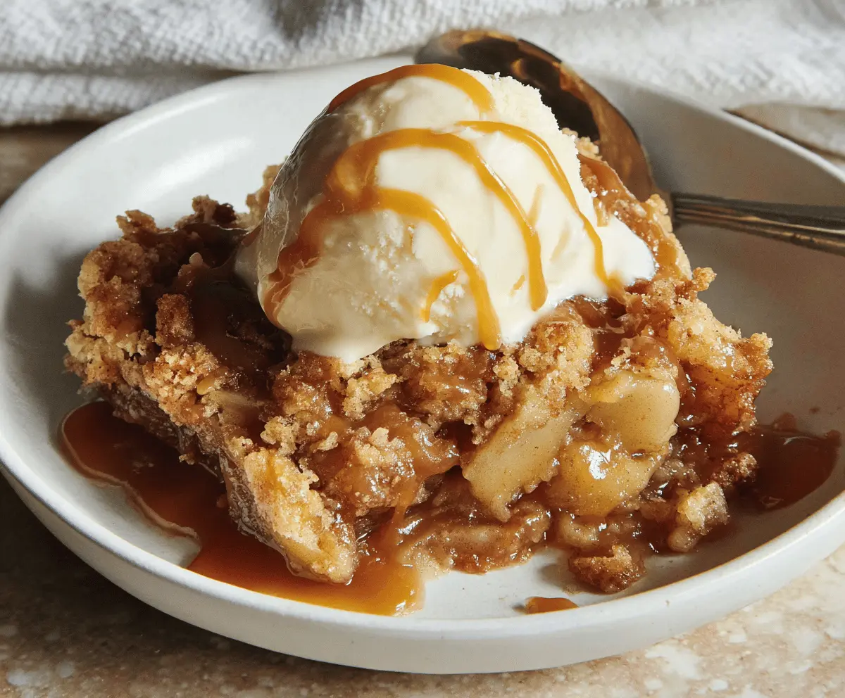 Delicious caramel apple dump cake topped with whipped cream and caramel drizzle, ready to serve