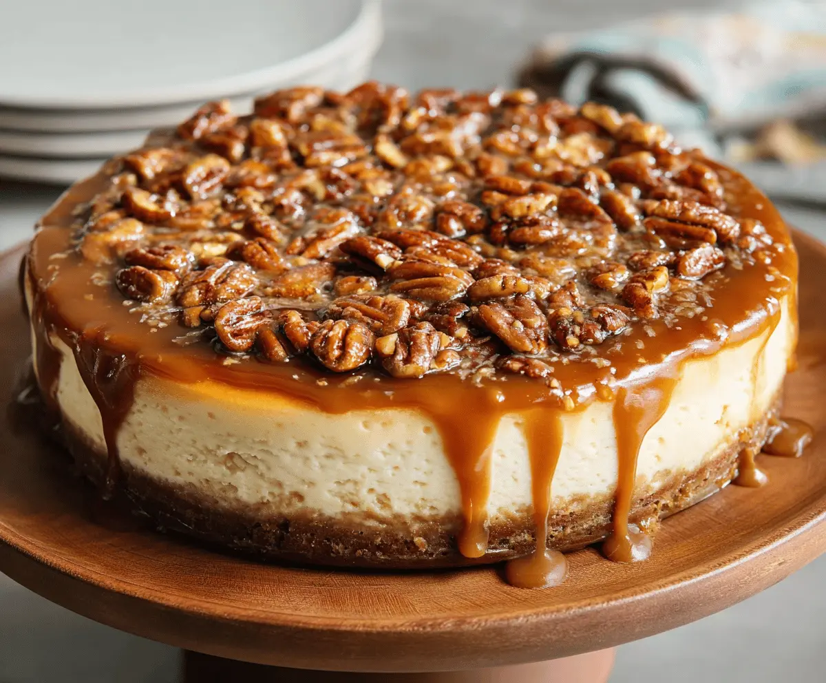 Creamy caramel pecan cheesecake topped with toasted pecans and caramel drizzle, served on a decorative plate.