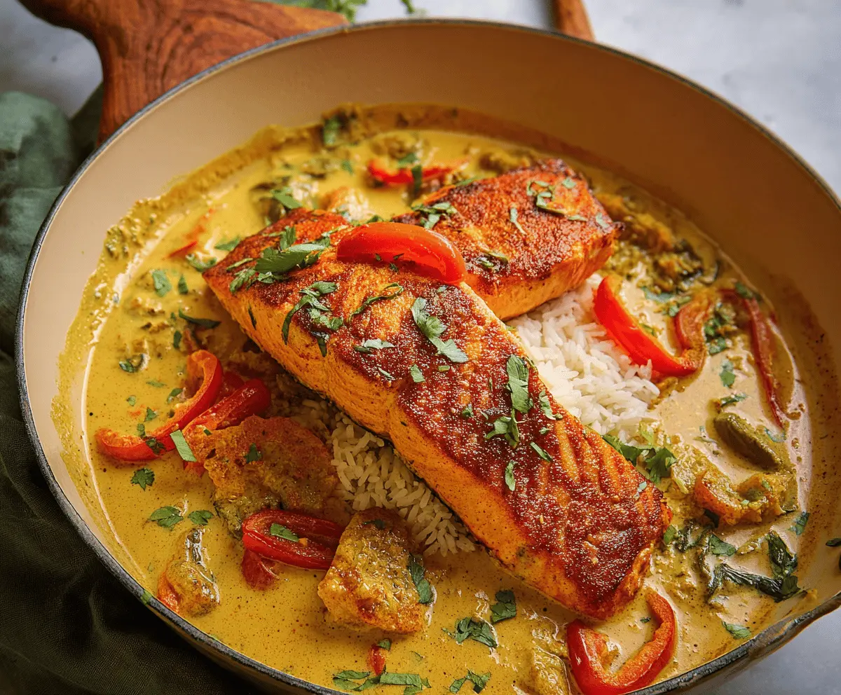 Delicious Caribbean Coconut Curry Salmon served with vibrant vegetables and fragrant spices on a white plate.