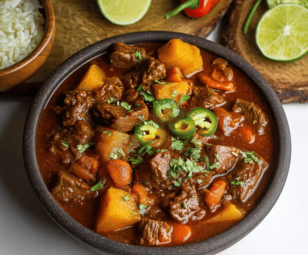 Savory Carne Guisada with tender beef, rich gravy, and fresh vegetables served in a bowl, perfect for a hearty Latin American meal.