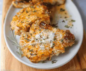 Juicy cheddar ranch pork chops topped with melted cheese and herbs on a plate.