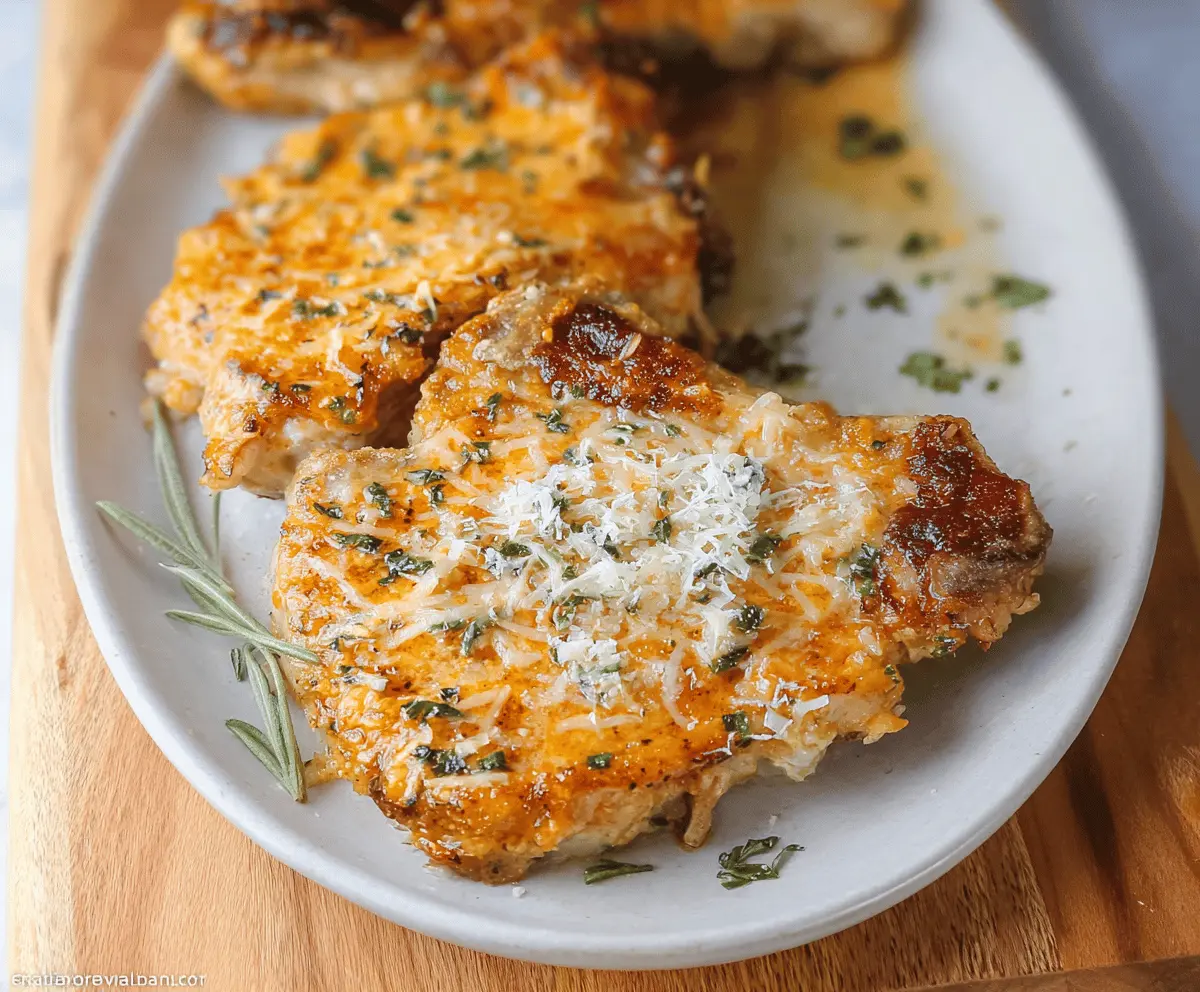 Juicy cheddar ranch pork chops topped with melted cheese and herbs on a plate.