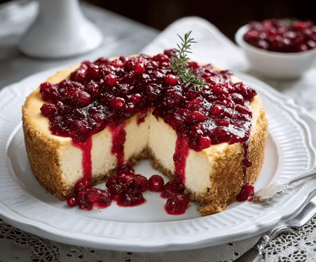 Delicious creamy cheesecake topped with vibrant cranberry glaze for a festive dessert.