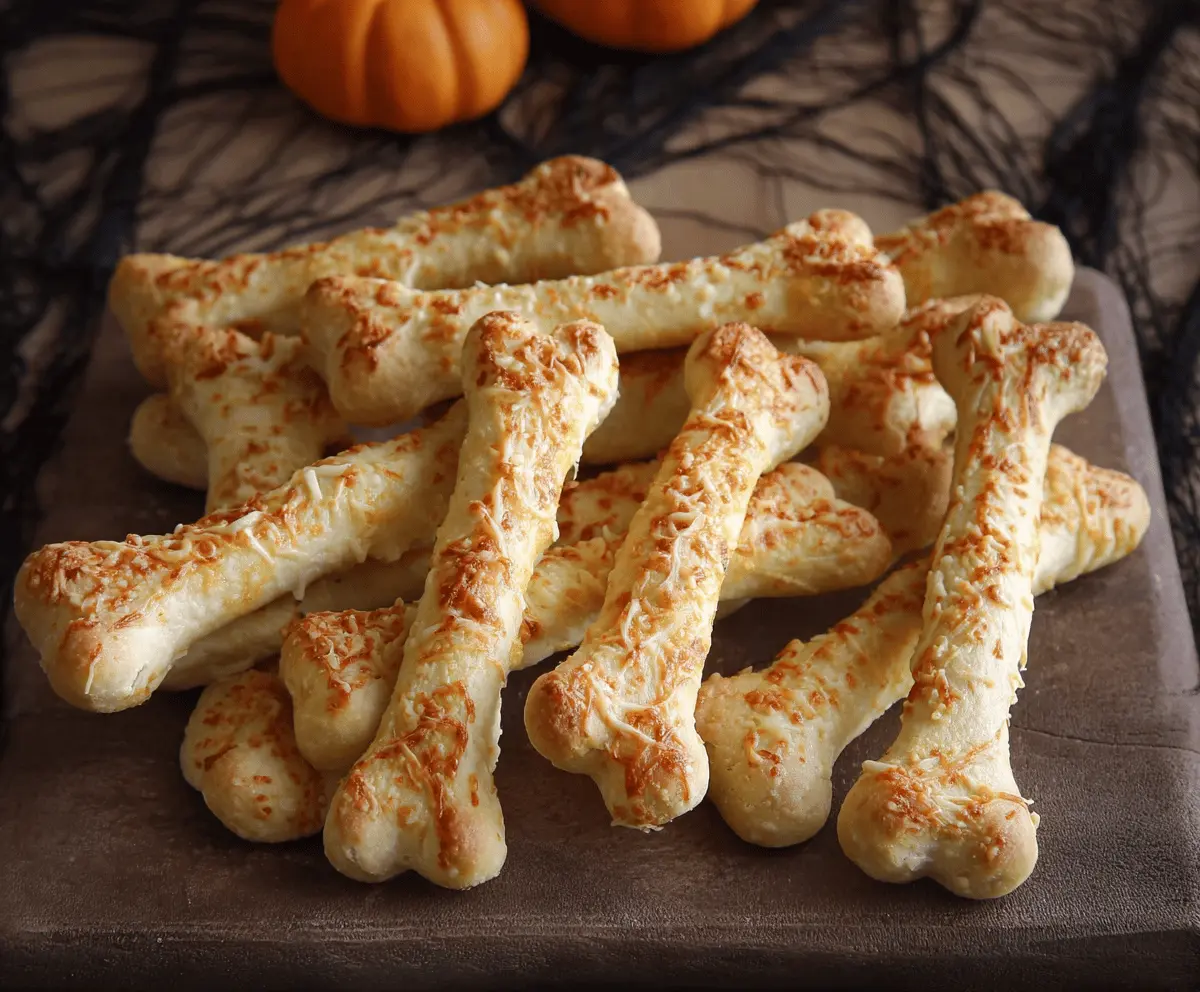 Delicious cheesy Halloween breadstick bones, perfect for spooky festive snacks and Halloween parties