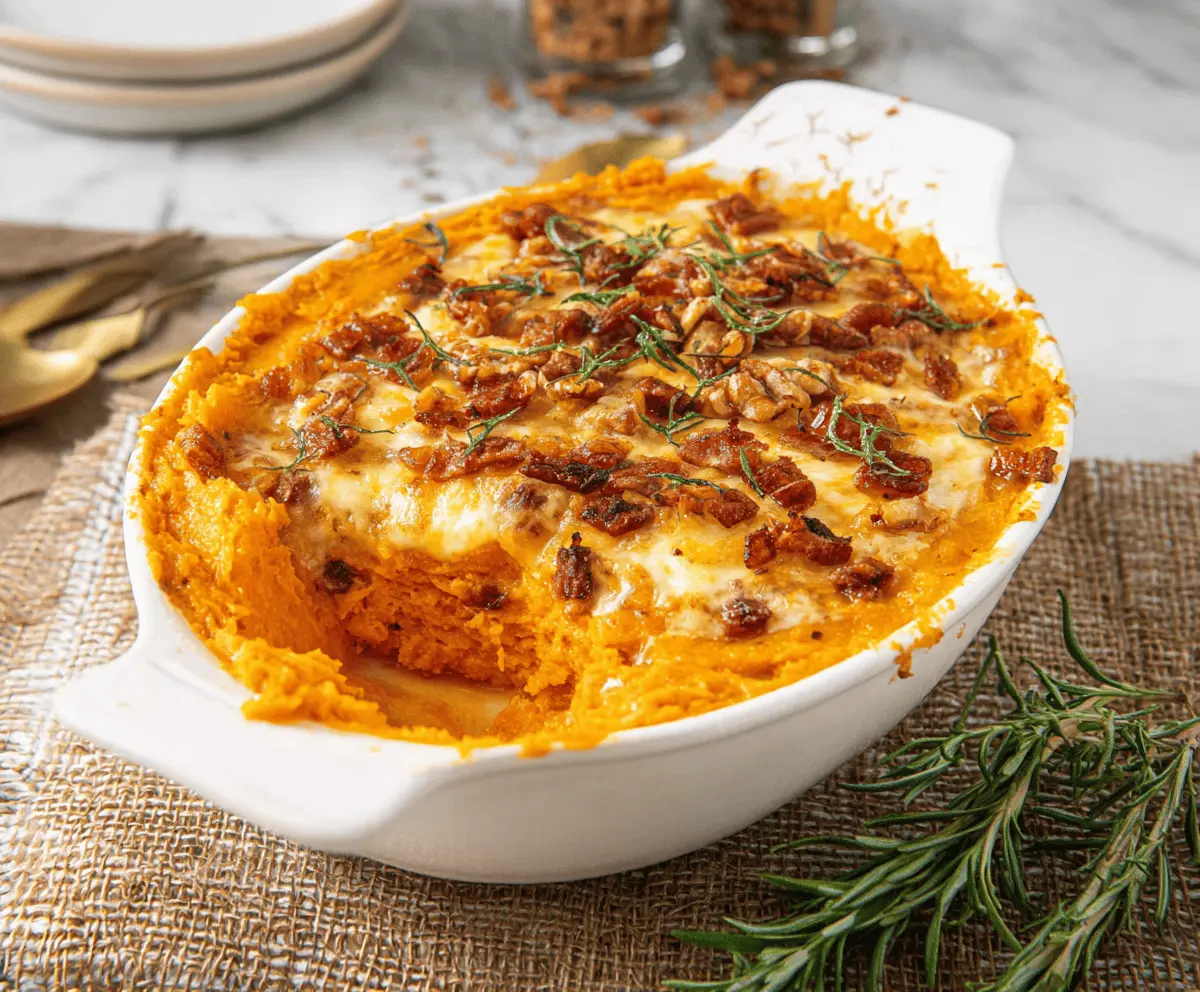Delicious cheesy sweet potato casserole topped with melted cheese and herbs, ready to serve.