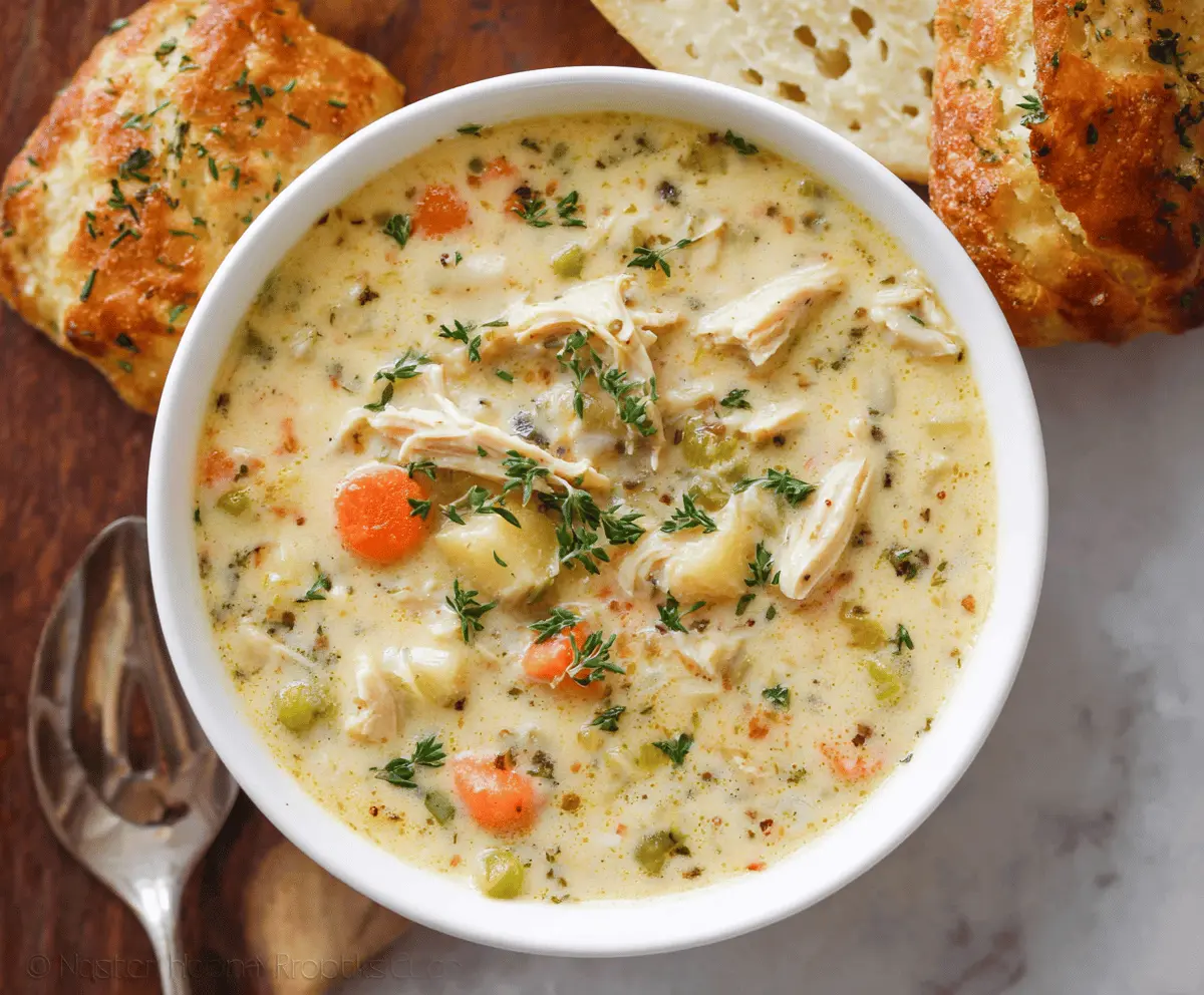 Creamy Chicken Pot Pie Soup in a bowl with flaky crust topping, garnished with fresh herbs and served with warm bread.