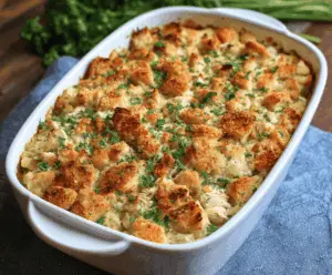Delicious chicken and stuffing casserole topped with golden breadcrumbs, served hot on a dinner plate.