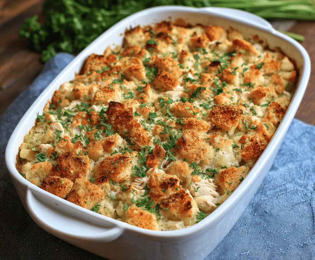 Delicious chicken and stuffing casserole topped with golden breadcrumbs, served hot on a dinner plate.
