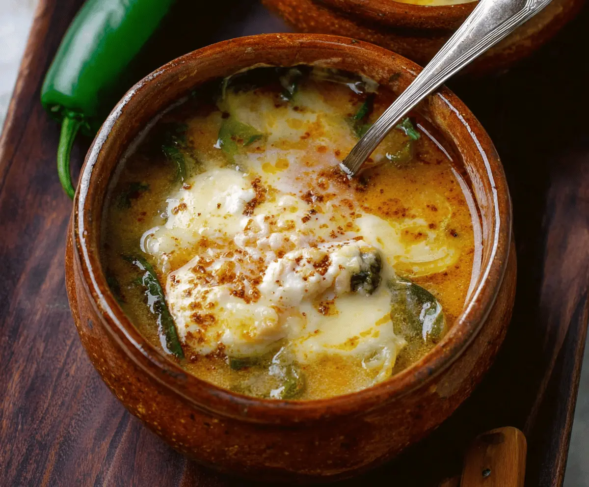 A bowl of Chile Relleno Soup garnished with cheese and fresh herbs, featuring vibrant green chilies and a flavorful broth.