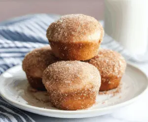 Delicious cinnamon sugar donut muffins with a golden-brown crust and sweet glaze, perfect for breakfast or snacks.