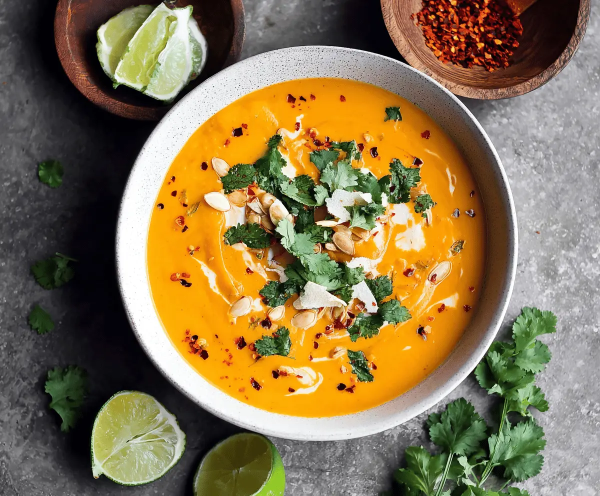 Creamy coconut curry sweet potato soup garnished with fresh herbs and served in a bowl, highlighting vibrant orange and green colors.