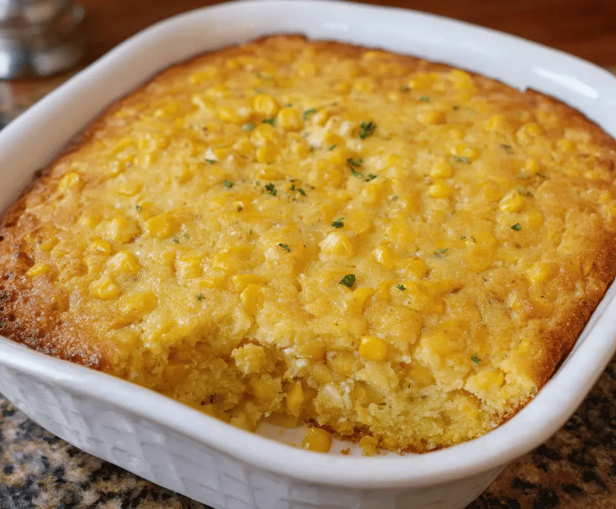Delicious golden Corn Casserole topped with melted cheese and fresh herbs, served in a baking dish