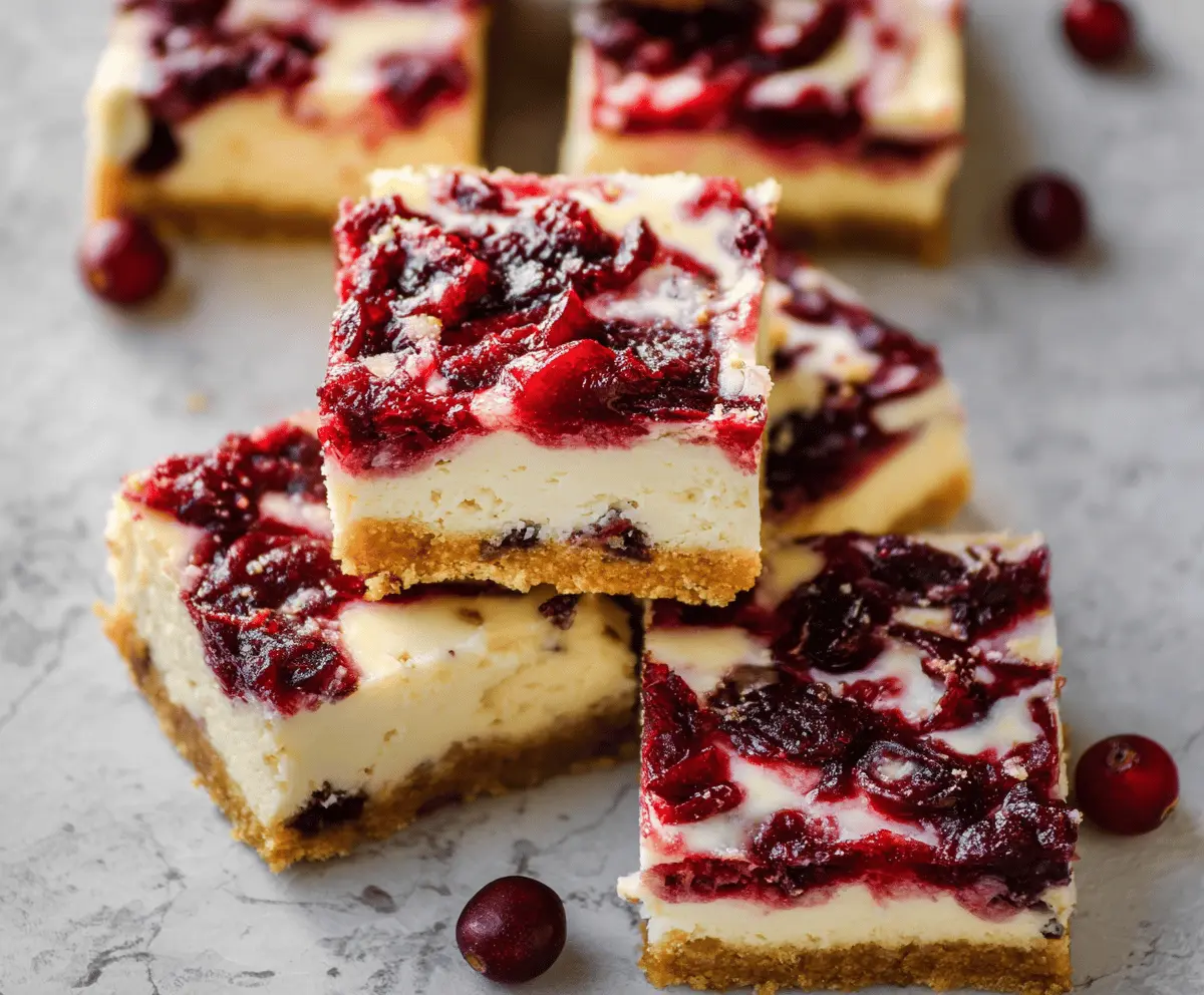 Delicious cranberry cheesecake bars with a creamy filling topped with fresh cranberries and a graham cracker crust on a white plate.
