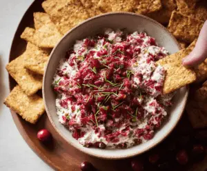 Creamy cranberry jalapeño dip served with fresh vegetables for a spicy, fruity appetizer.