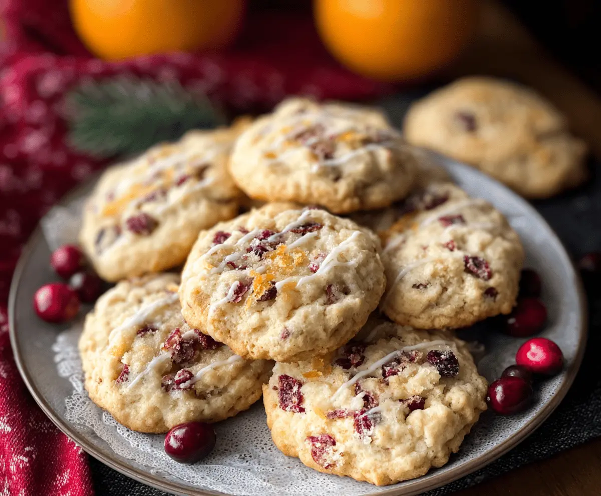 Delicious homemade cranberry orange cookies with vibrant cranberries and orange zest on a rustic plate, perfect for holiday baking.