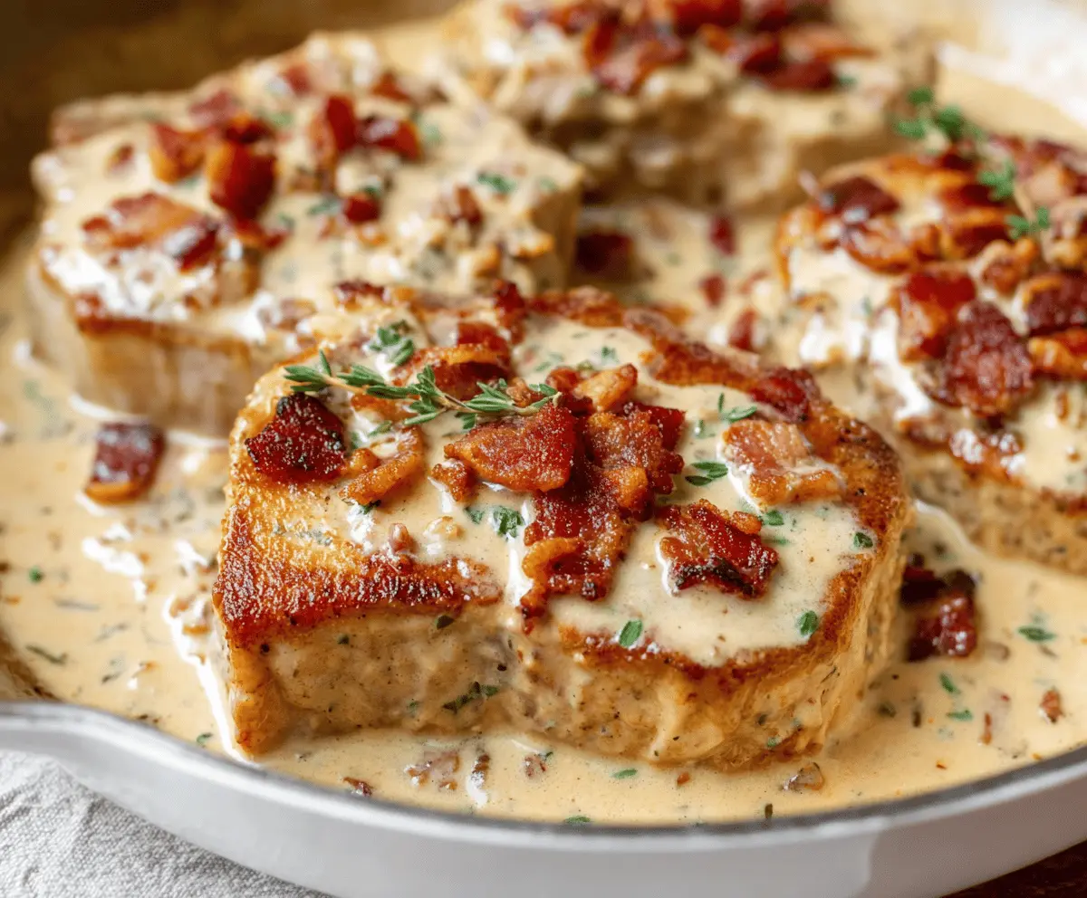 Creamy bacon pork chops served with a rich sauce and garnished with herbs on a white plate