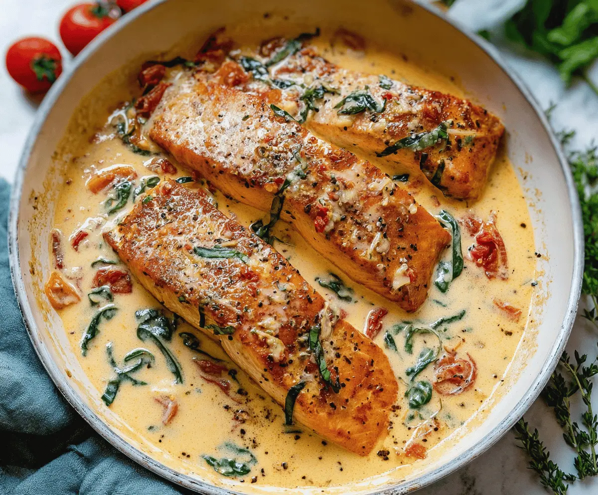 Creamy Garlic Tuscan Salmon served with fresh herbs and lemon for a flavorful dinner.