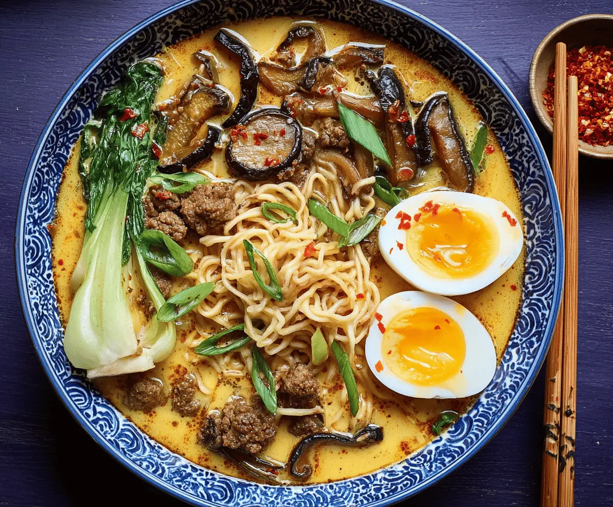 Delicious steaming bowl of Curry Ramen Soup with noodles, vegetables, and fragrant curry broth served in a white bowl on a wooden table.