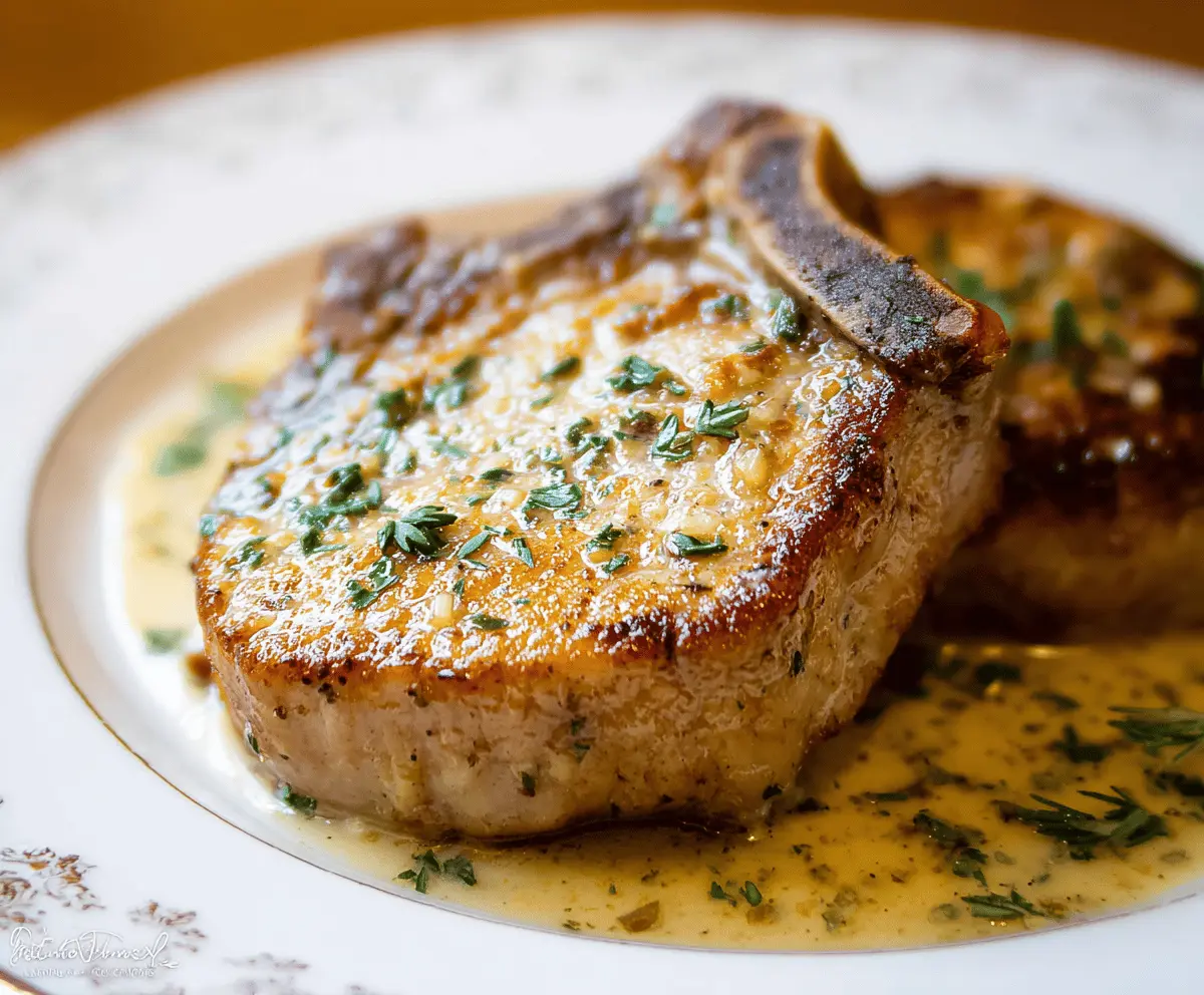 Juicy Dijon Pork Chops served with fresh herbs on a white plate, perfect for a flavorful dinner recipe