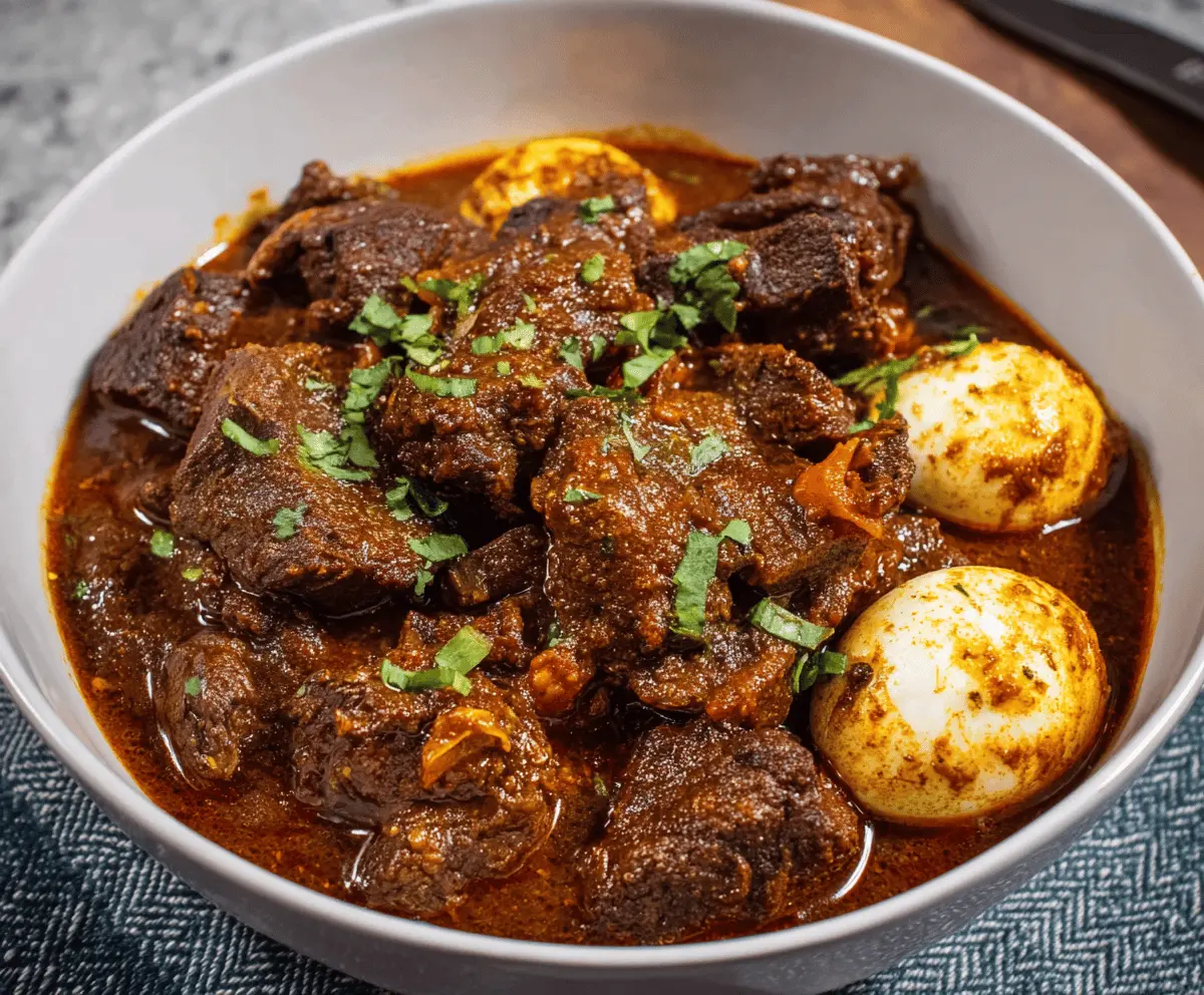 Delicious Ethiopian Beef Stew served with injera, featuring tender beef simmered in spicy berbere sauce and garnished with fresh herbs