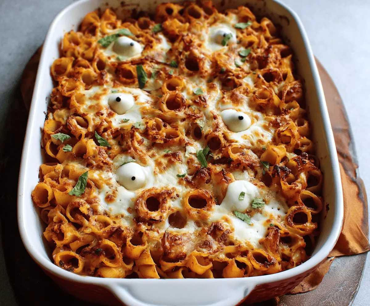 A spooky Eyeball Pasta Bake topped with mozzarella and green herbs, perfect for Halloween themed dinners.