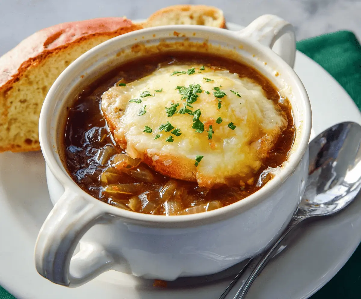 A bowl of hearty French Onion Soup topped with melted cheese and toasted bread slices, garnished with fresh herbs, served in a rustic ceramic bowl.