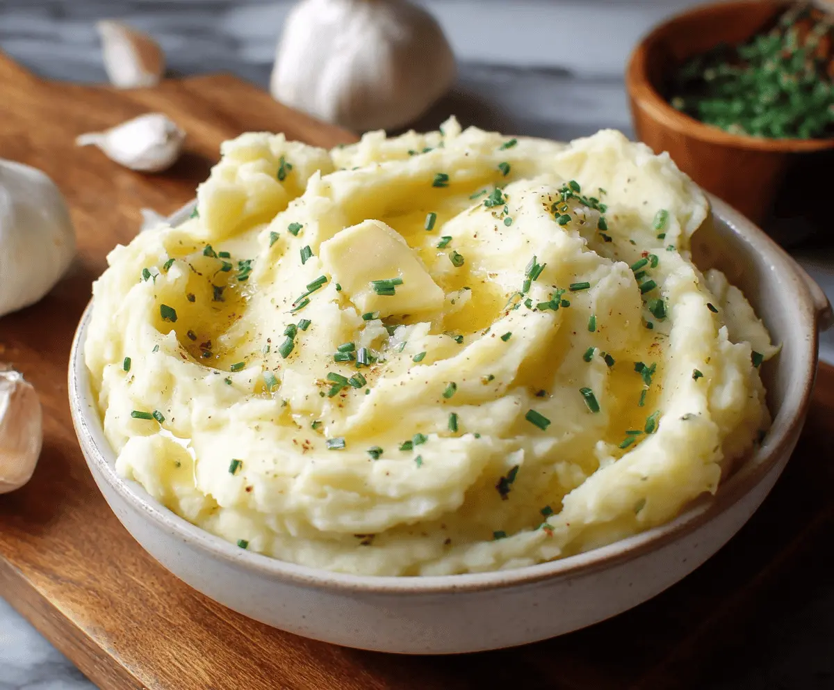 Creamy garlic mashed potatoes served as a comforting side dish with fresh herbs.