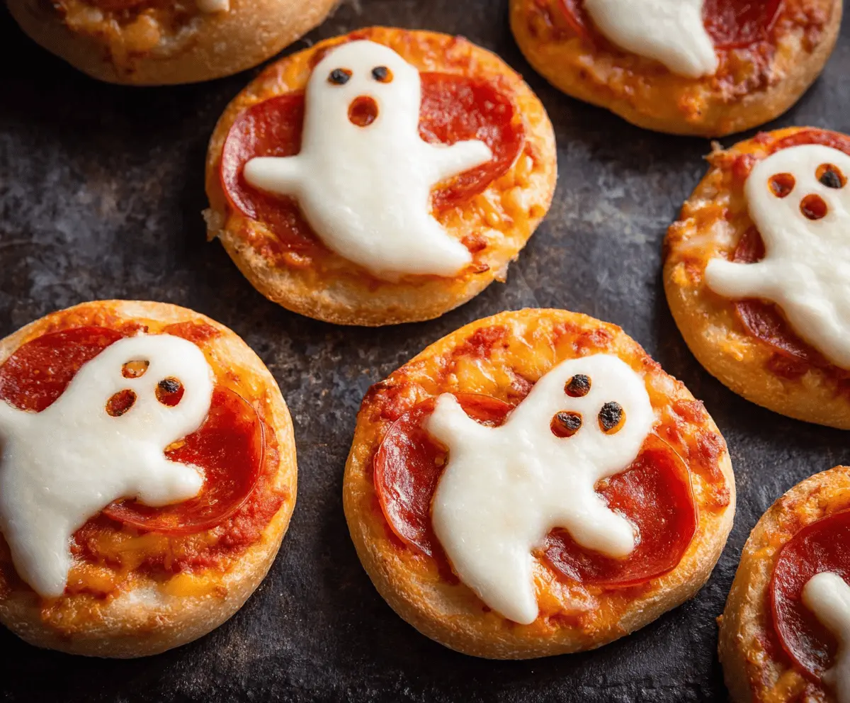 Delicious Ghost Pizza Bagels topped with melted cheese and pepperoni slices, perfect for a spooky Halloween snack