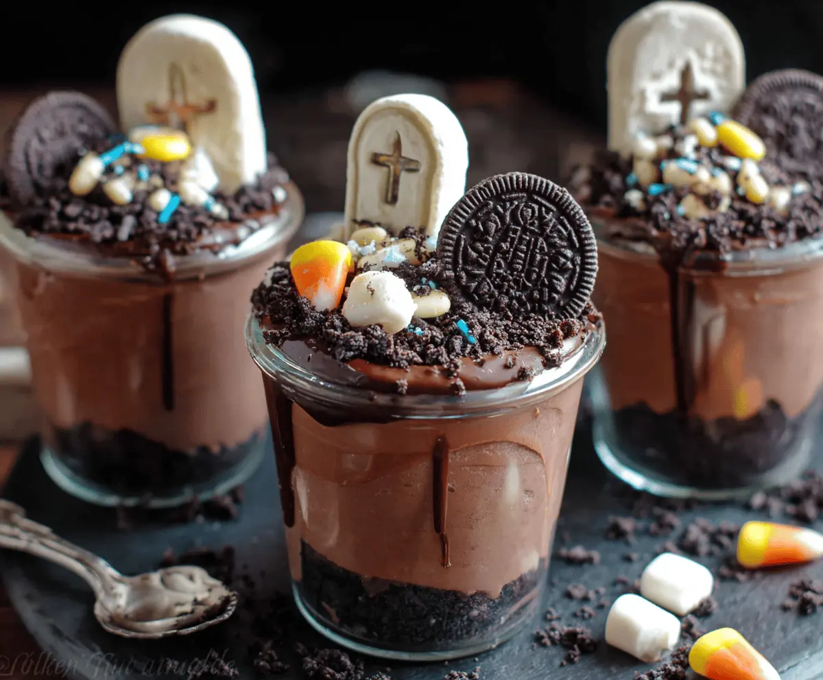Delicious Graveyard Chocolate Pudding Cups with spooky toppings and edible decorations for Halloween dessert