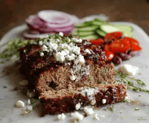 Delicious Greek Meatloaf served with fresh herbs and lemon slices