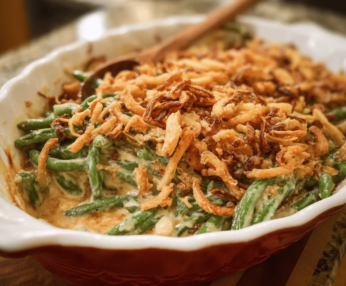 Creamy green bean casserole topped with crispy fried onions, served in a baking dish for a classic holiday side dish.