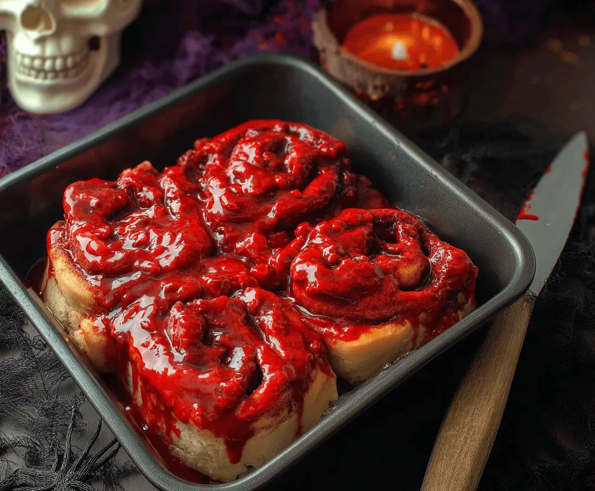 Spooky Halloween Bloody Cinnamon Rolls decorated with red icing and creepy toppings for a festive treat