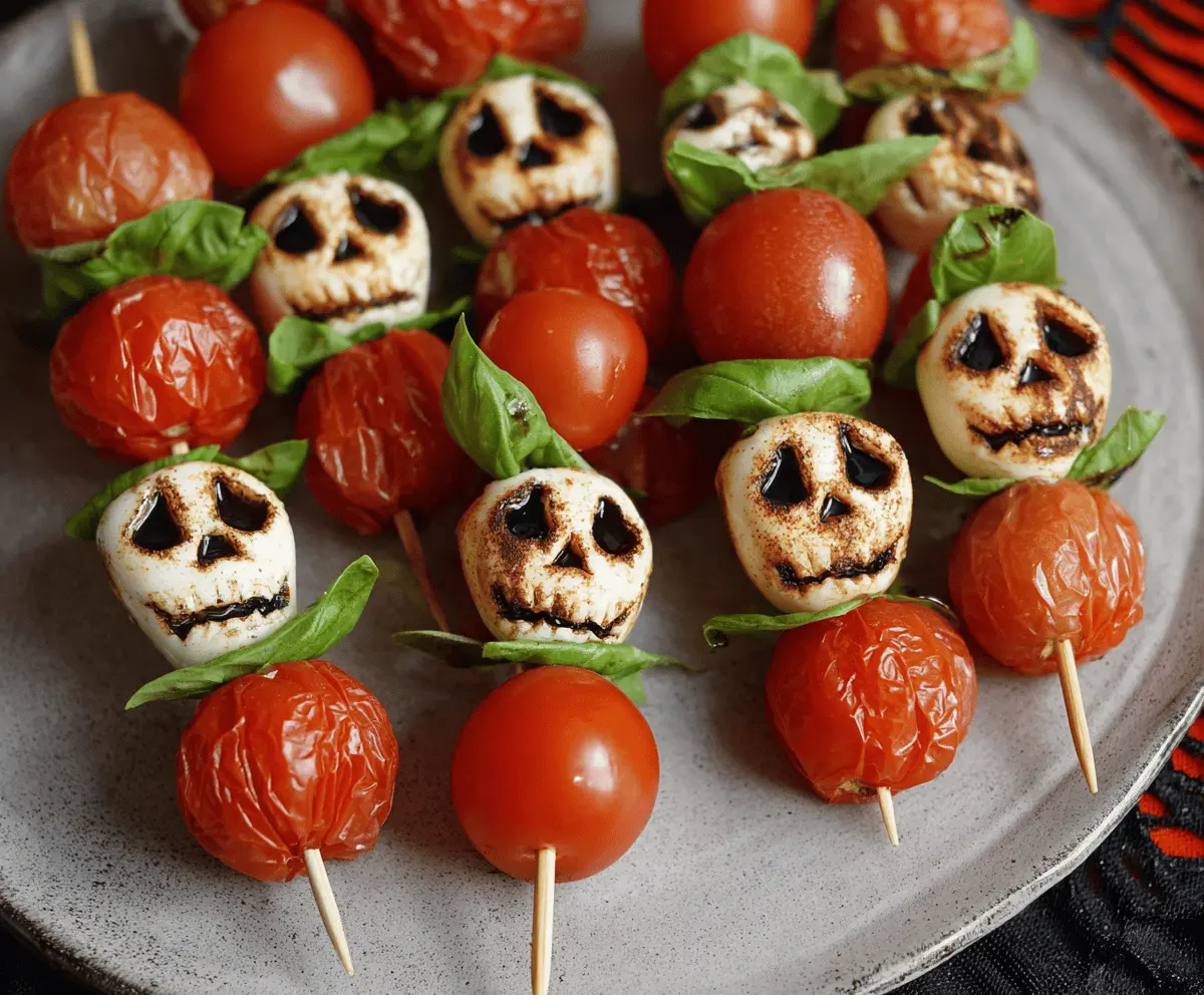 Colorful Halloween Caprese Skewers featuring cherry tomatoes, fresh mozzarella, basil, and spooky Halloween-themed decorations for a festive appetizer