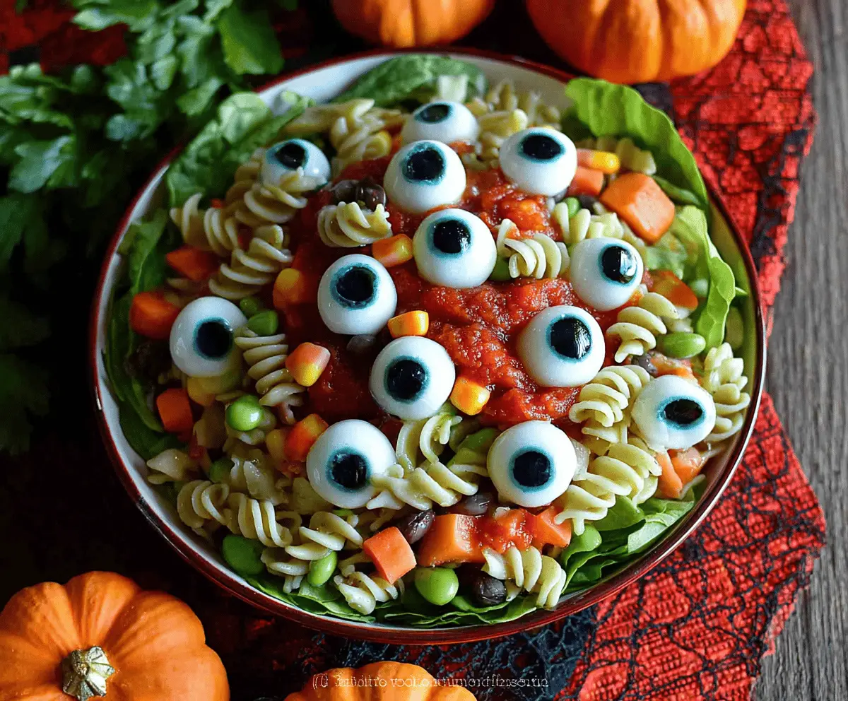 Colorful Halloween Eyeball Pasta Salad with spooky green, red, and black pasta, topped with creepy edible eyeball decorations for a festive and fun party appetizer.