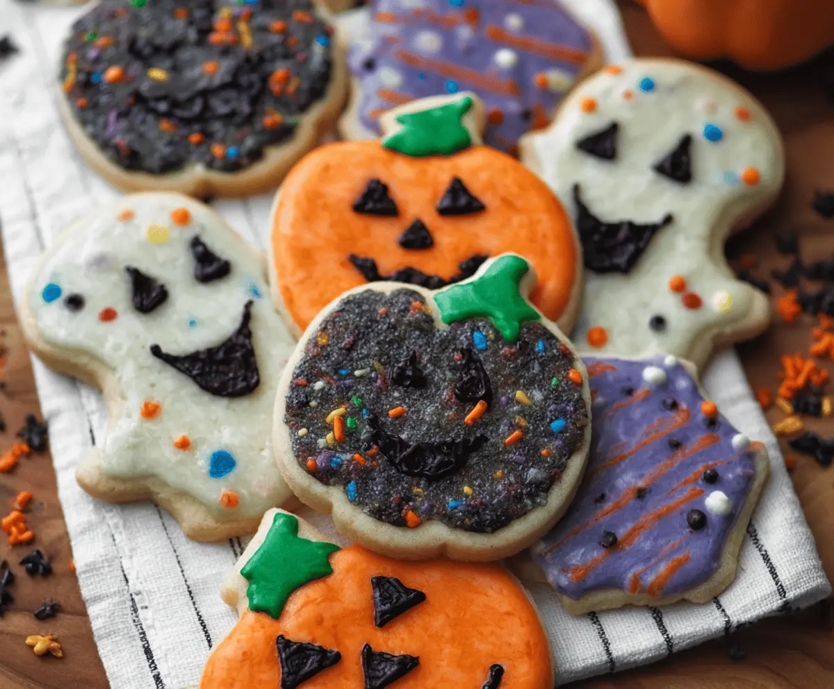 Decorative Halloween shortbread cookies featuring spooky shapes and colorful icing for a festive holiday treat.