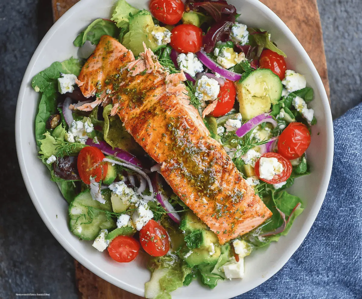 Fresh and healthy salmon salad featuring grilled salmon fillets, mixed greens, cherry tomatoes, cucumber slices, and a light vinaigrette dressing, perfect for a nutritious meal.