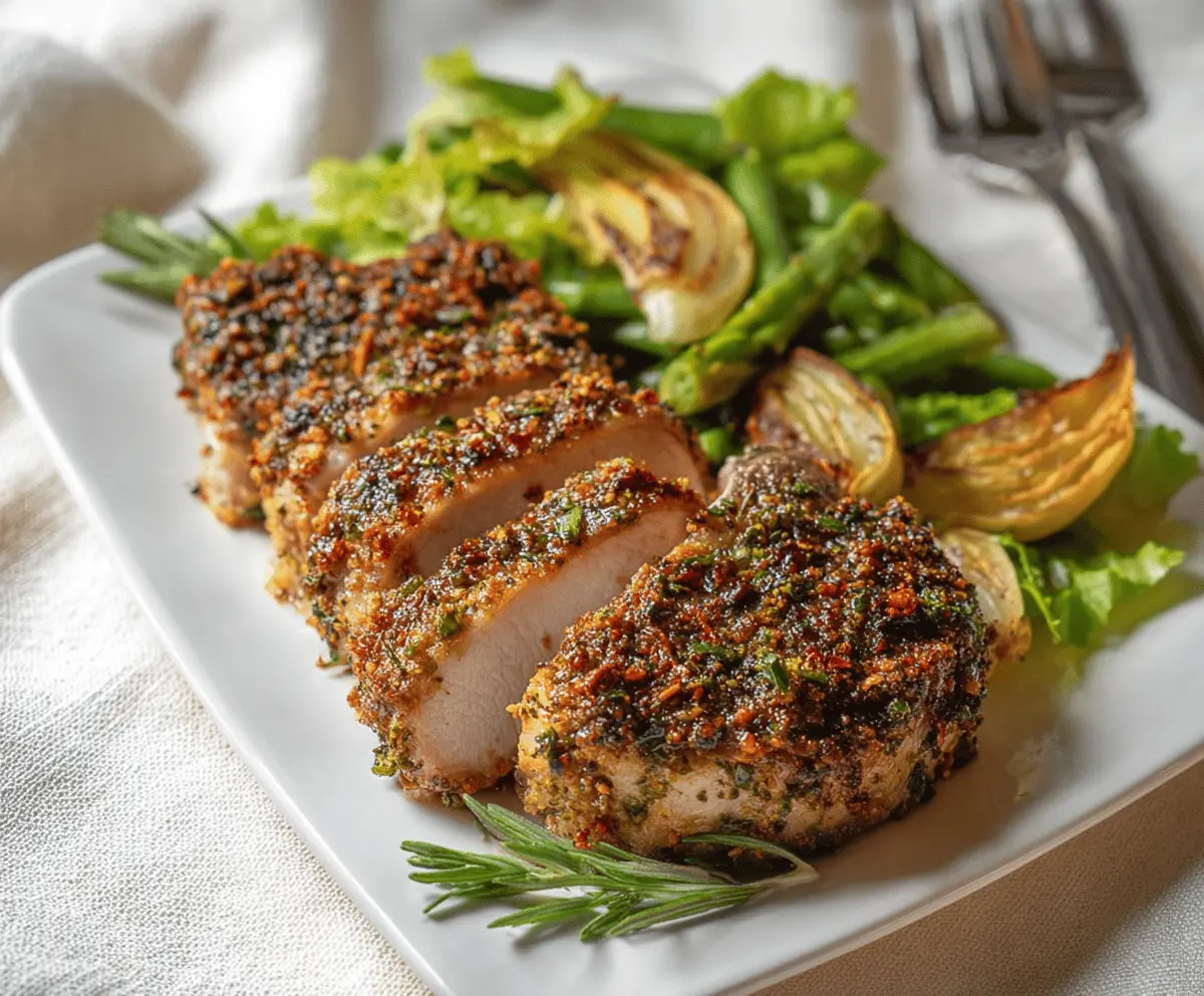Juicy herb-crusted pork chops garnished with fresh herbs, served on a white plate, perfect for a flavorful dinner recipe.